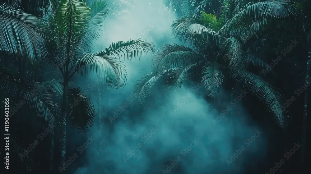Naklejka premium Lush Green Palm Trees Enveloped In Misty Fog