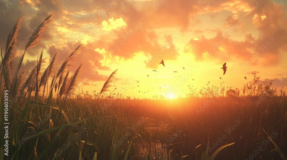 Fototapeta premium Golden Sunset Over Tall Grass With Birds In Flight