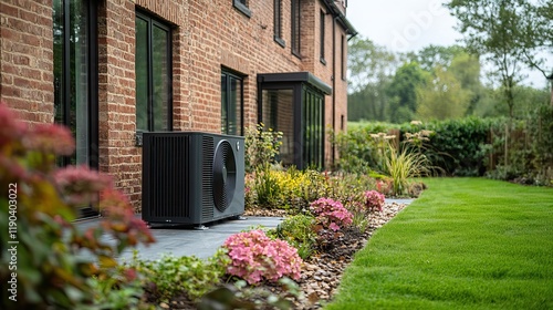 Air source heat pump installation outside a new residential home
