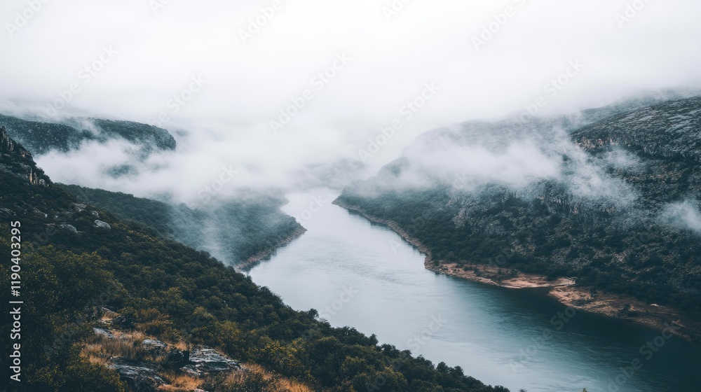 Obraz premium Misty River Valley Scenic Mountain View