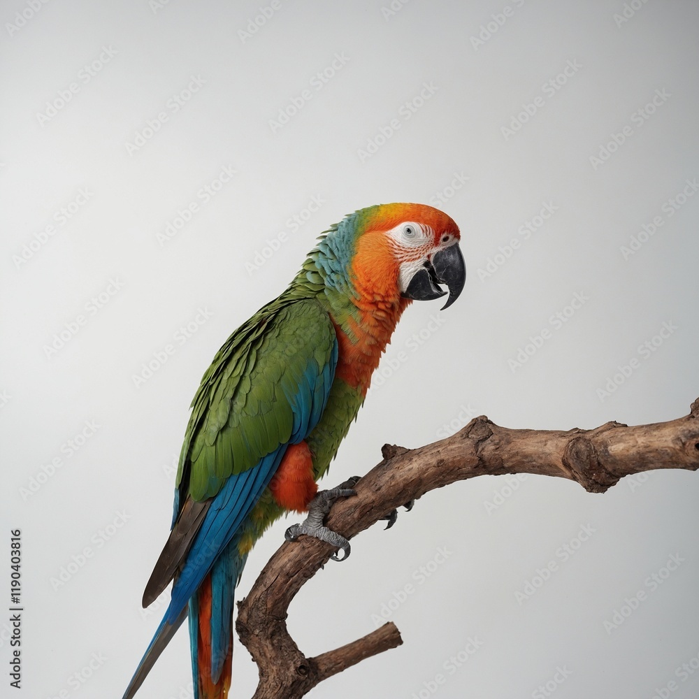 A parrot perched on a tree branch made of glass, white background. A parrot perched on a tree branch made of glass, white background.
