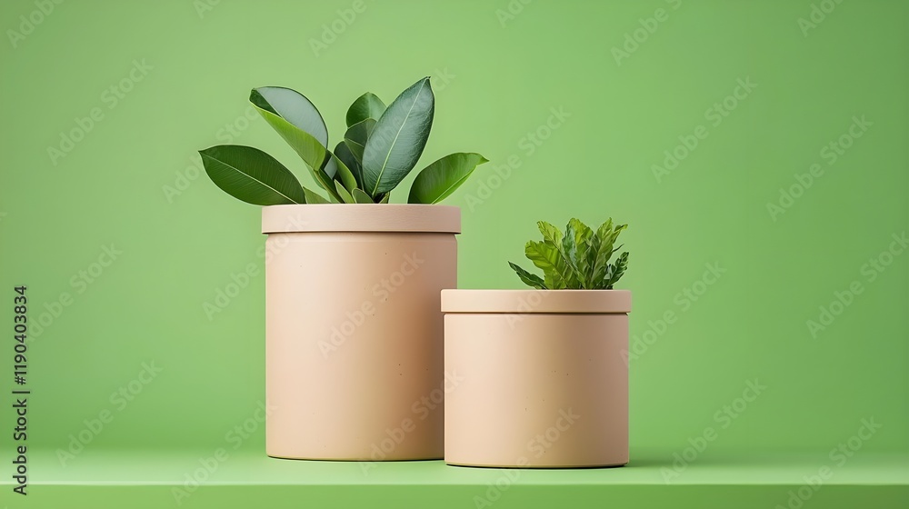 Obraz premium Two stylish potted plants in neutral containers, set against a vibrant green background, adding a fresh touch to any space.