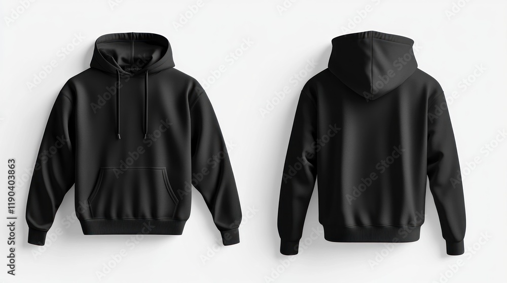 Black hoodie mockup, front and back views, isolated on white background. (1)