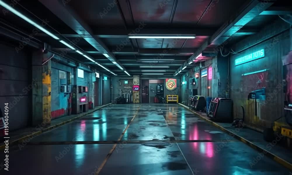 Cyberpunk Alleyway: Neon Lights Reflecting on Wet Concrete Cyberpunk Alleyway: Neon Lights Reflecting on Wet Concrete