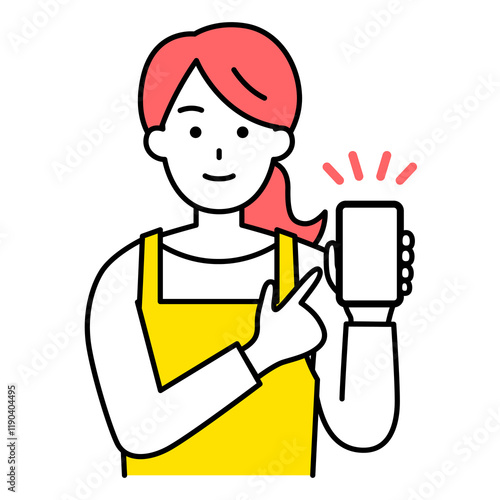 スマートフォンの画面を指差すエプロン姿の女性
