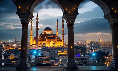 Night view of the magnificent Al-Fateh Grand Mosque in Manama, Bahrain, framed by elegant arches.