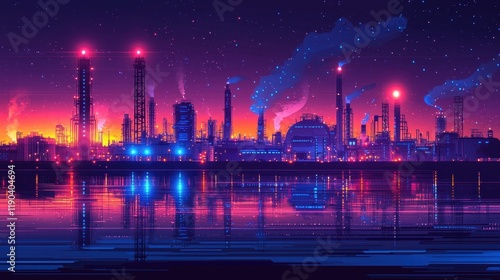 Wallpaper Mural Futuristic Industrial Landscape at Night with Neon Lights and Reflections Torontodigital.ca