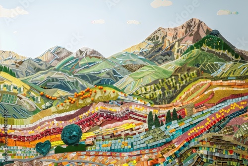 A surreal landscape made entirely of canned food, showcasing a mountainous range and green valleys, A surreal landscape made entirely of canned food labels photo