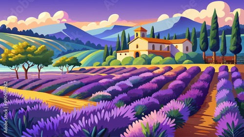 lavender field with landcape and tree, Ferrassières, Provence, France