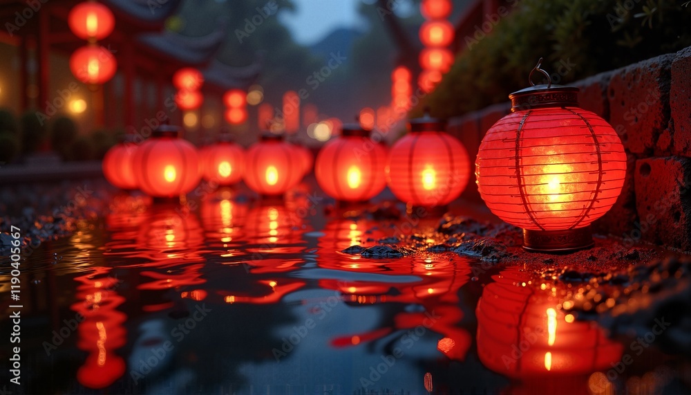 Serene Red Lanterns with Mystical Water Reflections in Evening Ambiance Serene Red Lanterns with Mystical Water Reflections in Evening Ambiance
