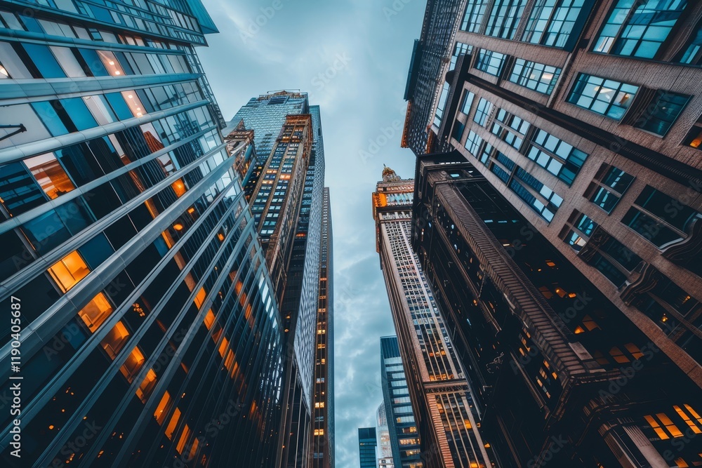 Obraz premium A low angle shot of tall skyscrapers with a cloudy sky in the background, Depict the contrast between modern skyscrapers and historic buildings in the city