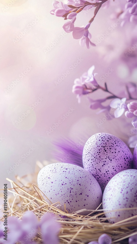 Obraz premium Elegant Easter composition with speckled blue eggs in straw nest, decorated with pink feathers and white floral elements. Dreamy bokeh background creates magical holiday atmosphere.