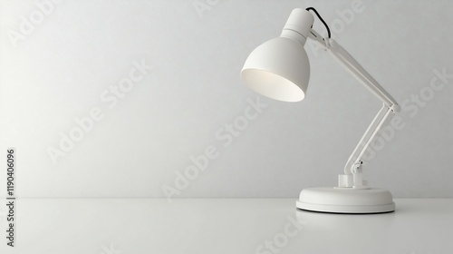 White desk lamp on white table against white wall.