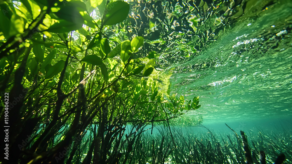 Fototapeta premium Underwater View Of Green Aquatic Plants With Sunlight Rays Penetrating Through Clear Water Surface
