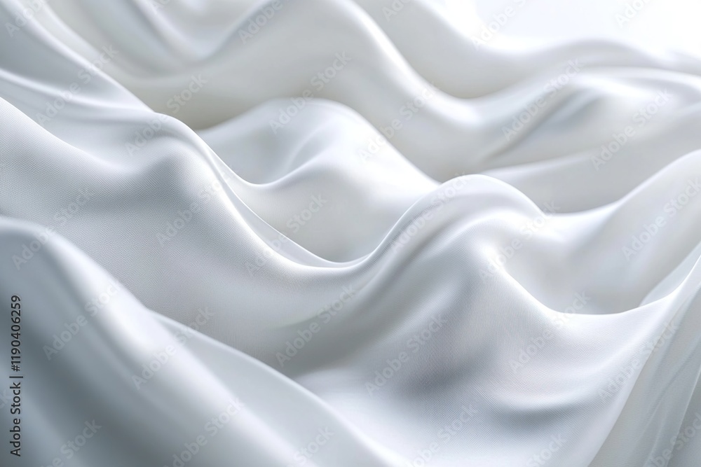 Fototapeta premium Elegant White Fabric Drapes and Flows Gracefully, Showing Smooth Texture and Soft Waves; Luxurious Textile with Subtle Shimmers.
