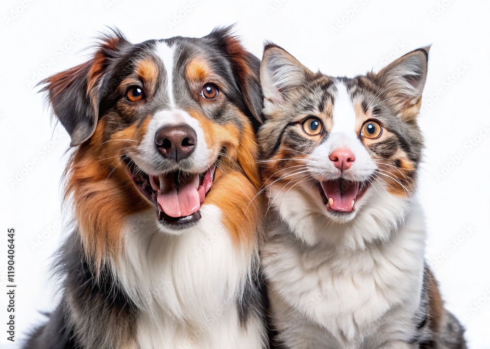 Adorable Aussie Shepherd & Cat Duo: Playful Poses, White Background Stock Photo Adorable Aussie Shepherd & Cat Duo: Playful Poses, White Background Stock Photo