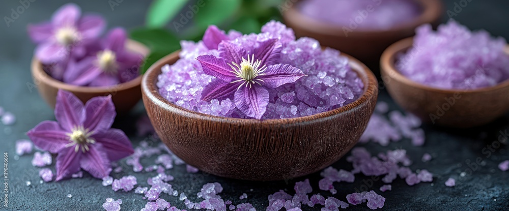 Purple bath salts in wooden bowls with clematis flowers. Purple bath salts in wooden bowls with clematis flowers.