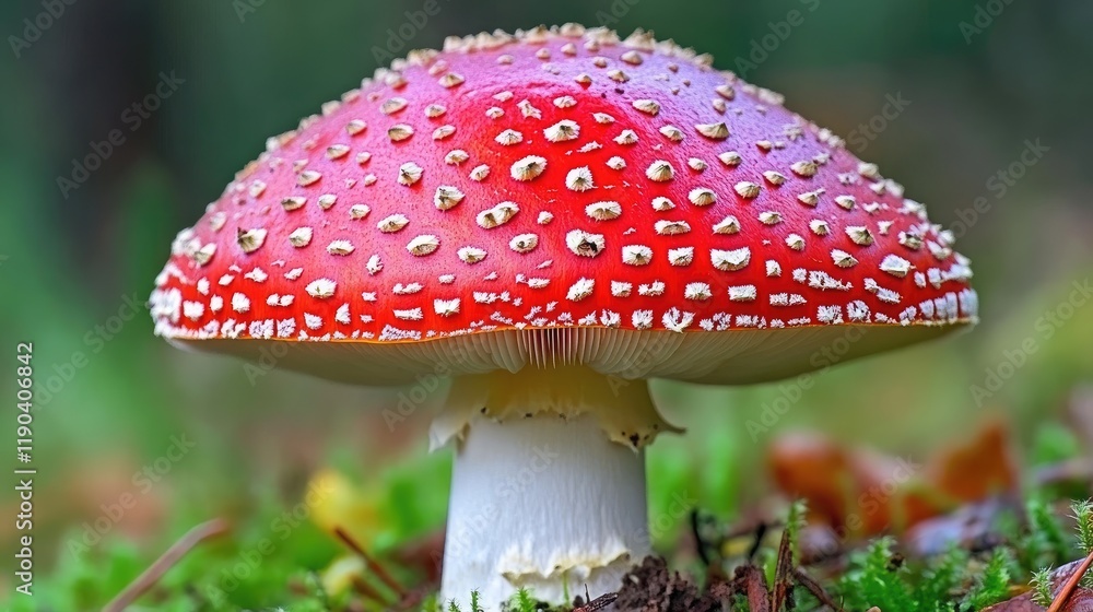 A vibrant red mushroom with white spots in a forest A vibrant red mushroom with white spots in a forest