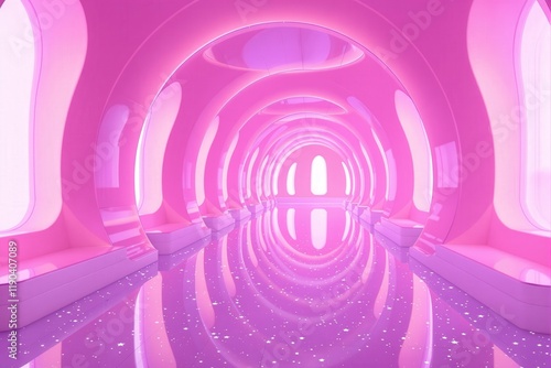 Futuristic Pink Neon Sci-Fi Interior with Glowing Arches and Reflective Floor