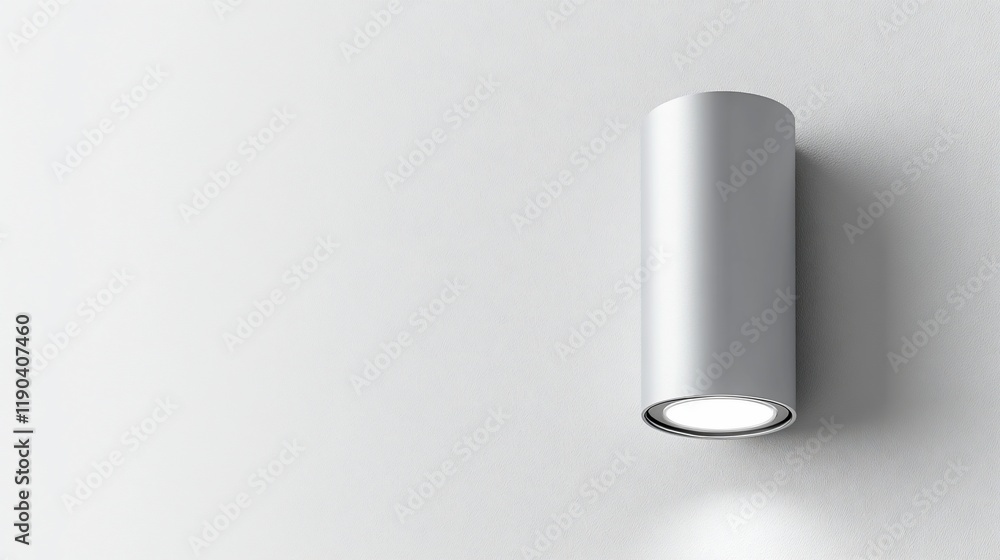 Modern silver cylindrical wall lamp emitting soft light against a white wall.