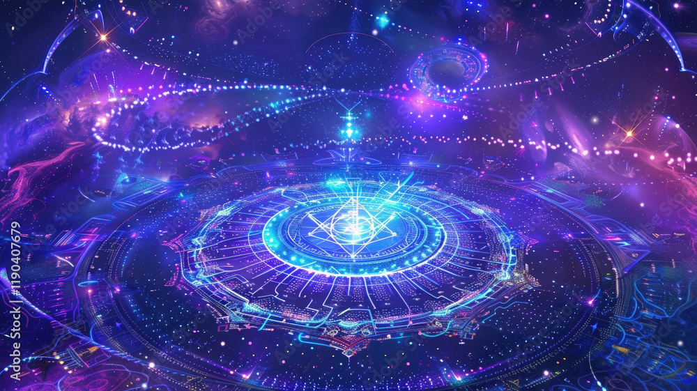 Mystical Magic Circle with Ancient Runes Glowing in Space with Purple Energy Portal