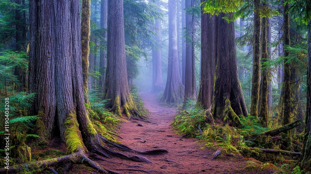 Obraz premium Misty Forest Path Through Tall Ancient Trees