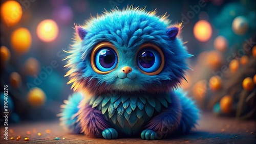 Adorable Blue Fuzzy Creature with Big Eyes - High-Resolution Stock Photo
