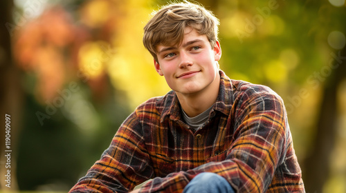 Young man in plaid shirt against natural backdrop. Ideal for casual portraits, outdoor lifestyle, or authentic youth themes.