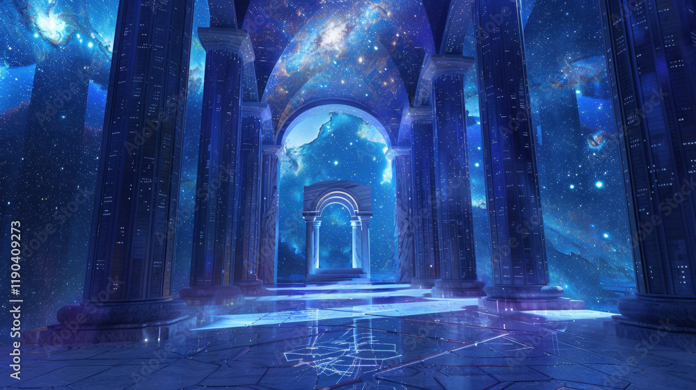 Fototapeta premium Ancient Mystical Temple Interior with Glowing Blue Portal and Magic Crystals Fantasy Scene