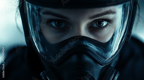 Close-up portrait of a woman wearing a gas mask, intense gaze.