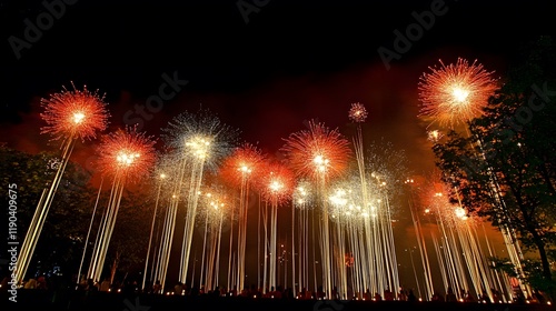 A captivating and elegant fireworks display set against a pitch-black sky, each burst carefully composed to create visual harmony. The brilliant explosions of bright colors - soft golds, deep crimsons photo