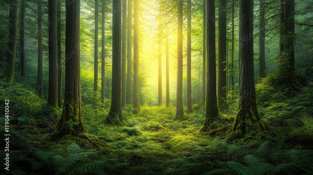 Obraz premium Sunlit Forest Path Tall Trees Lush Greenery