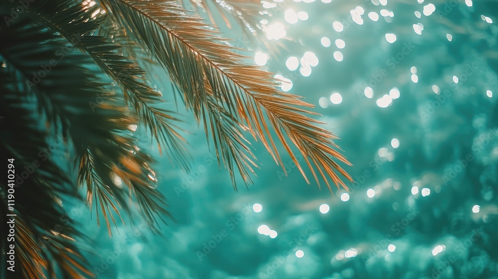 Golden Palm Fronds Against a Teal Bokeh Background Golden Palm Fronds Against a Teal Bokeh Background