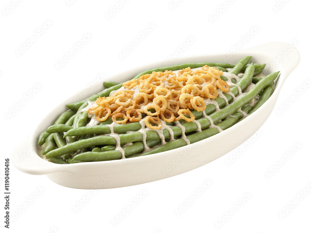 Green Bean Casserole, creamy sauce, crispy fried onions, vibrant greens, isolated on transparent, attractive product shot Green Bean Casserole, creamy sauce, crispy fried onions, vibrant greens, isolated on transparent, attractive product shot