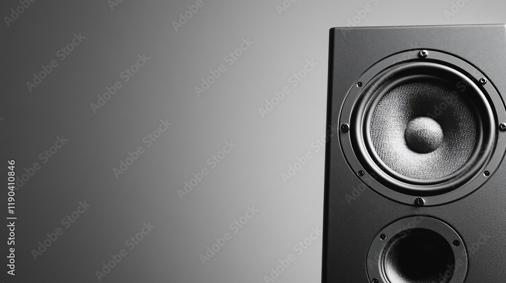 Close-up of a black speaker with two woofers against a gray background. Close-up of a black speaker with two woofers against a gray background.