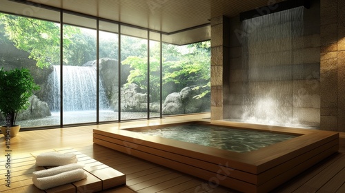 Luxurious Japanese onsen spa with a wooden soaking tub, stone decor, and a glass wall showcasing a waterfall.