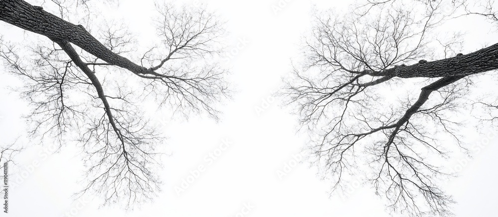 Fototapeta premium Two bare tree branches reaching upwards against a white sky.