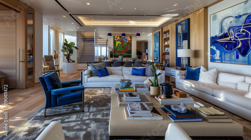 Modern living room with blue accents and abstract painting in a stylish and inviting interior designModern living room with blue accents and abstract painting in a stylish and inviting interior design photo