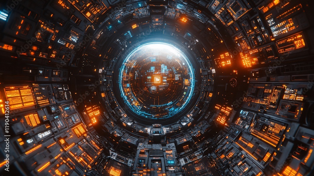 Fototapeta premium Neon Spaceship Corridor: Futuristic Sci-Fi Tunnel