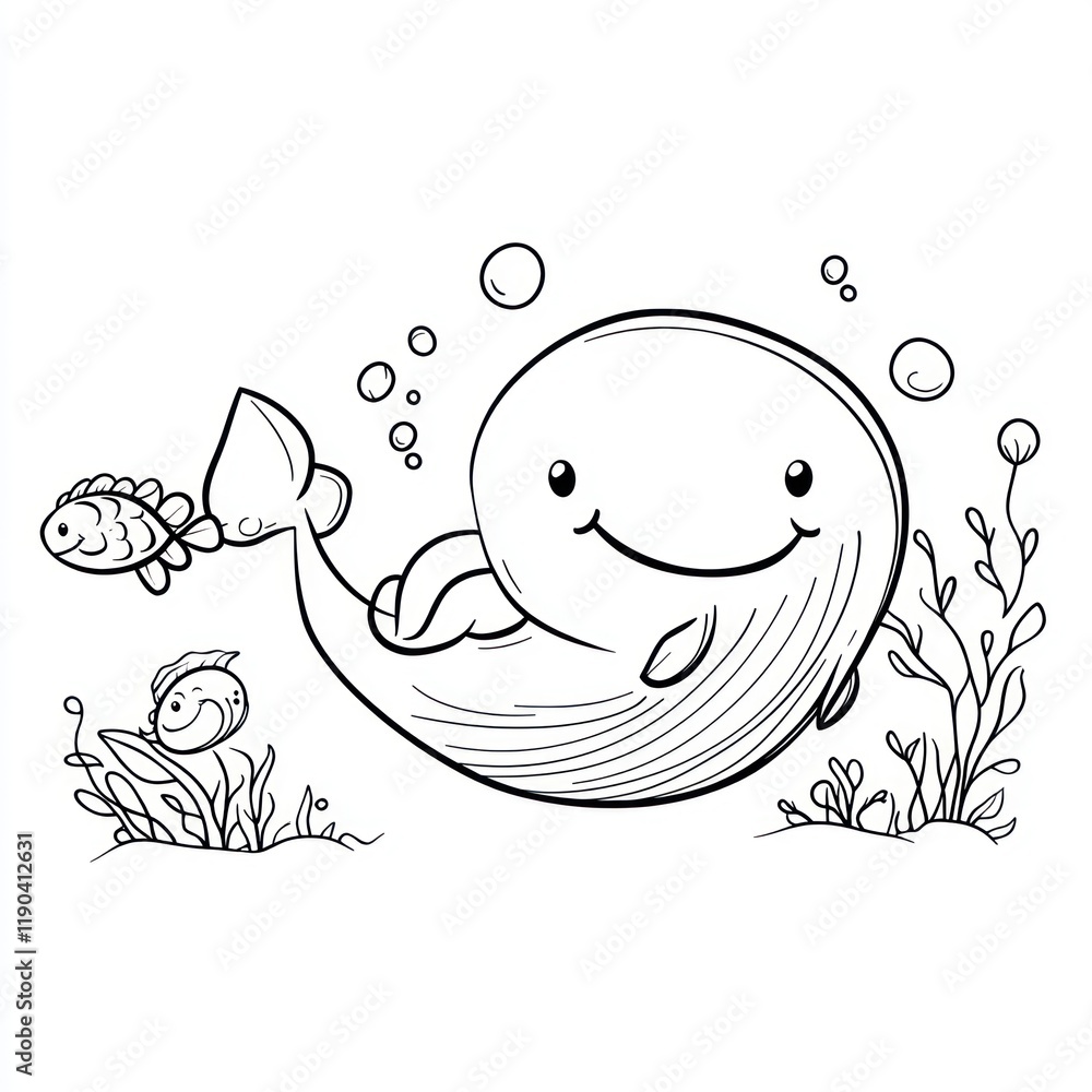 Happy whale cartoon, ocean, seaweed background, coloring page