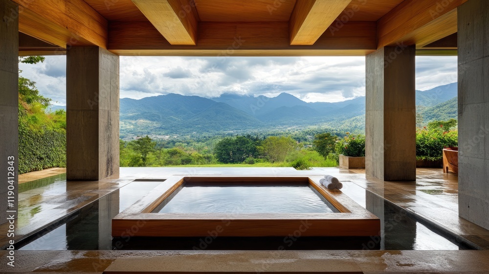 Fototapeta premium Open-air spa with a handcrafted wooden bathtub and a view of distant mountains.