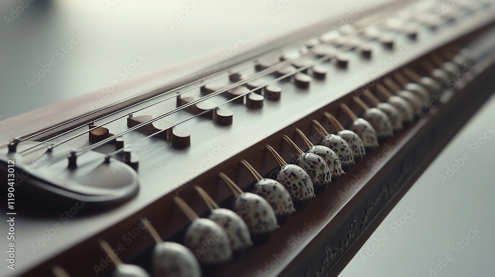 Close-up of a traditional stringed musical instrument with shell-shaped tuning pegs. Close-up of a traditional stringed musical instrument with shell-shaped tuning pegs.