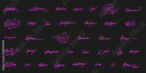 Set pink doll Neon Signatures isolated black background. Pink light Autograph template design. Glamour girl Signature collection. Vector illustration. EPS 10