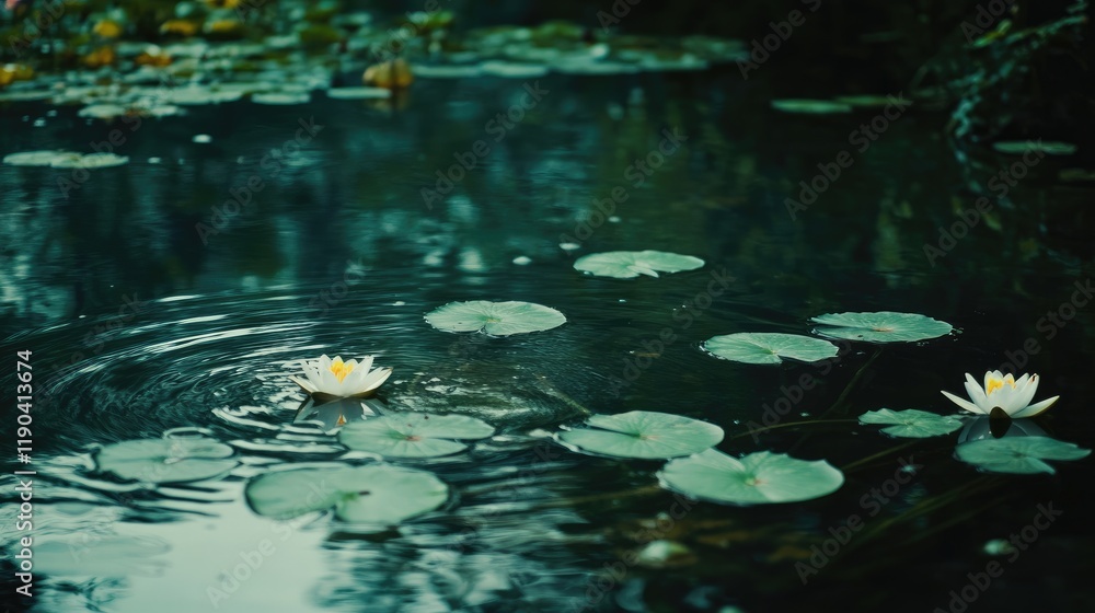 Serene Water Lilies Bloom Tranquilly in Dark Pond Serene Water Lilies Bloom Tranquilly in Dark Pond