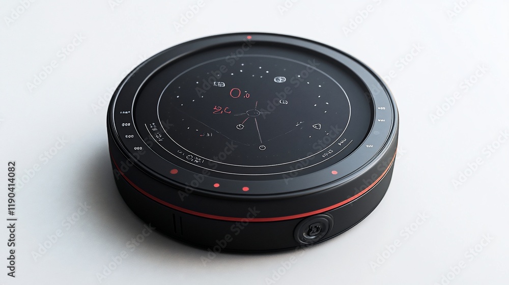 Futuristic black circular device with red accents displaying data on a screen. Futuristic black circular device with red accents displaying data on a screen.