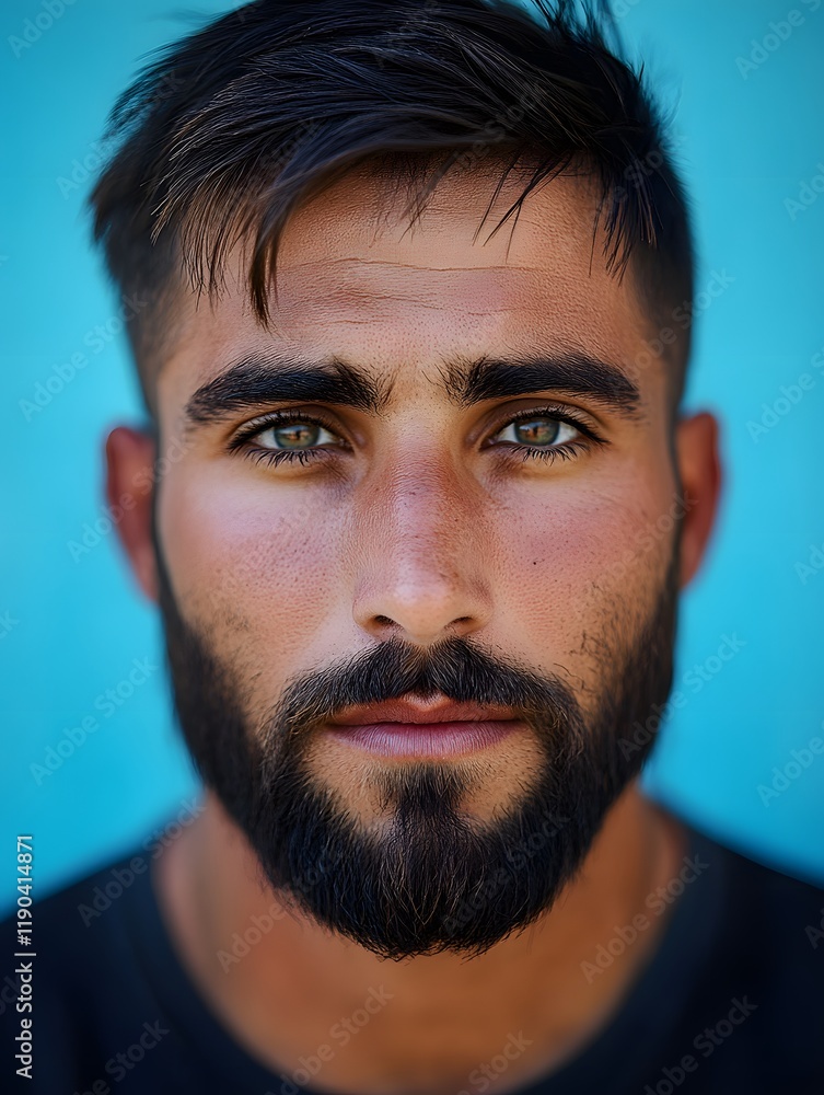 Obraz premium Man with beard Close up portrait serious expression green eyes brown skin