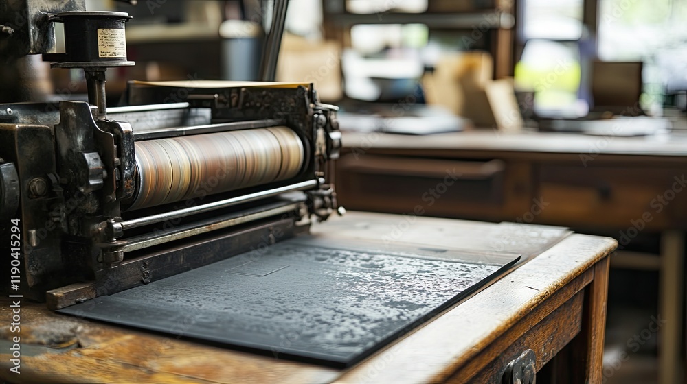 Fototapeta premium Antique Printing Press With Ink Roller And Stone
