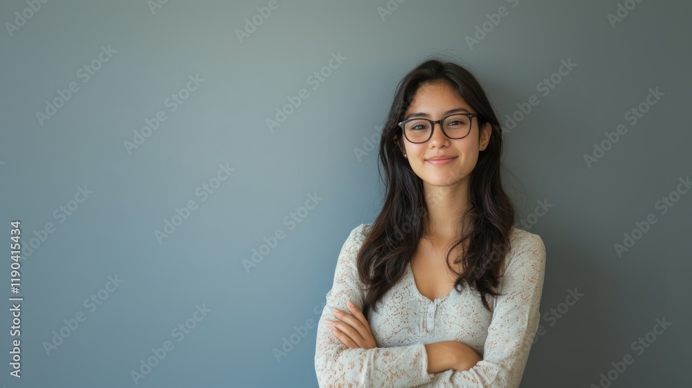 Obraz premium Confident Young Asian Woman with Glasses Standing Against a Plain Background in Casual Attire