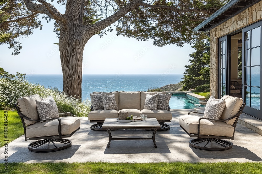 Steel patio furniture set with two swivel chairs, armchair, and sofa with light beige cushions, square table, surrounded by grass, pool, ocean, and a tall tree with white flowers, creating a cozy outd Steel patio furniture set with two swivel chairs, armchair, and sofa with light beige cushions, square table, surrounded by grass, pool, ocean, and a tall tree with white flowers, creating a cozy outd