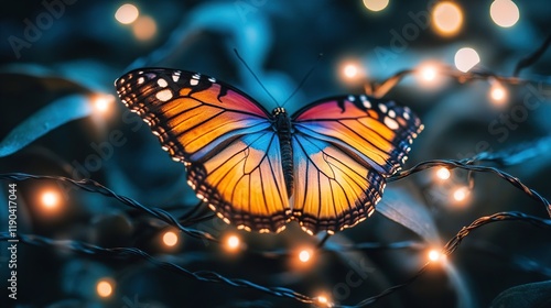 Luminous butterfly on fairy lights at night.